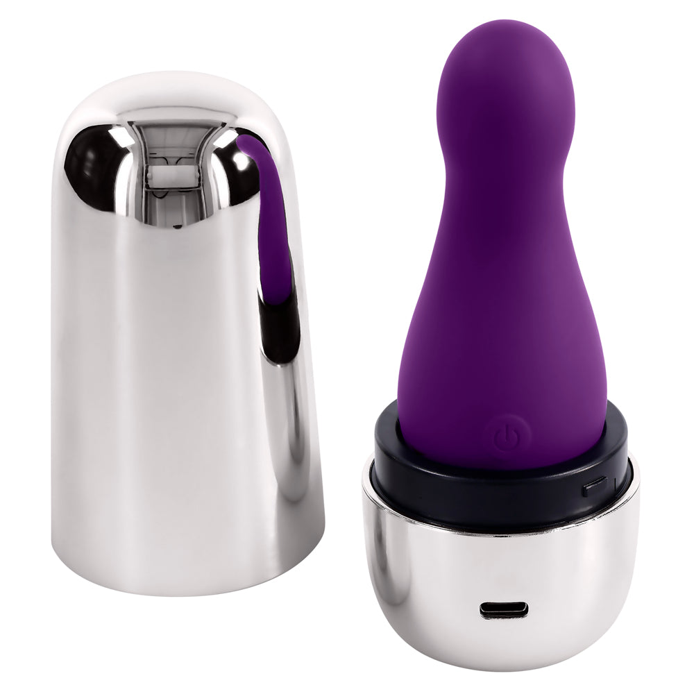 Purple silicone vibrator with a silver charging case and cap.