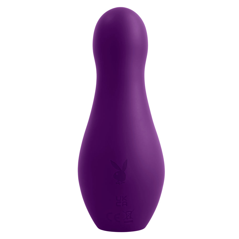 A purple, peanut-shaped vibrator with Playboy branding.