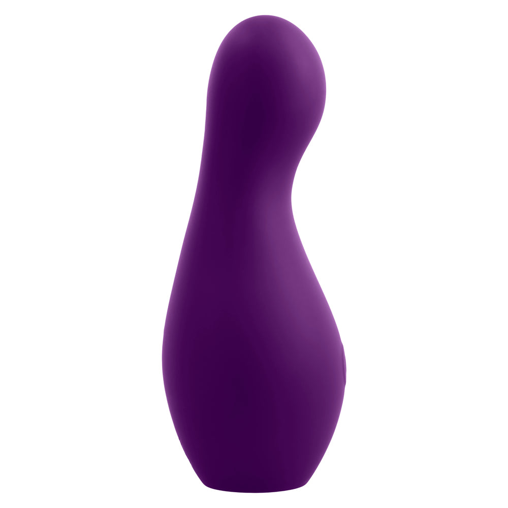 A purple, curved silicone vibrator with a rounded tip.
