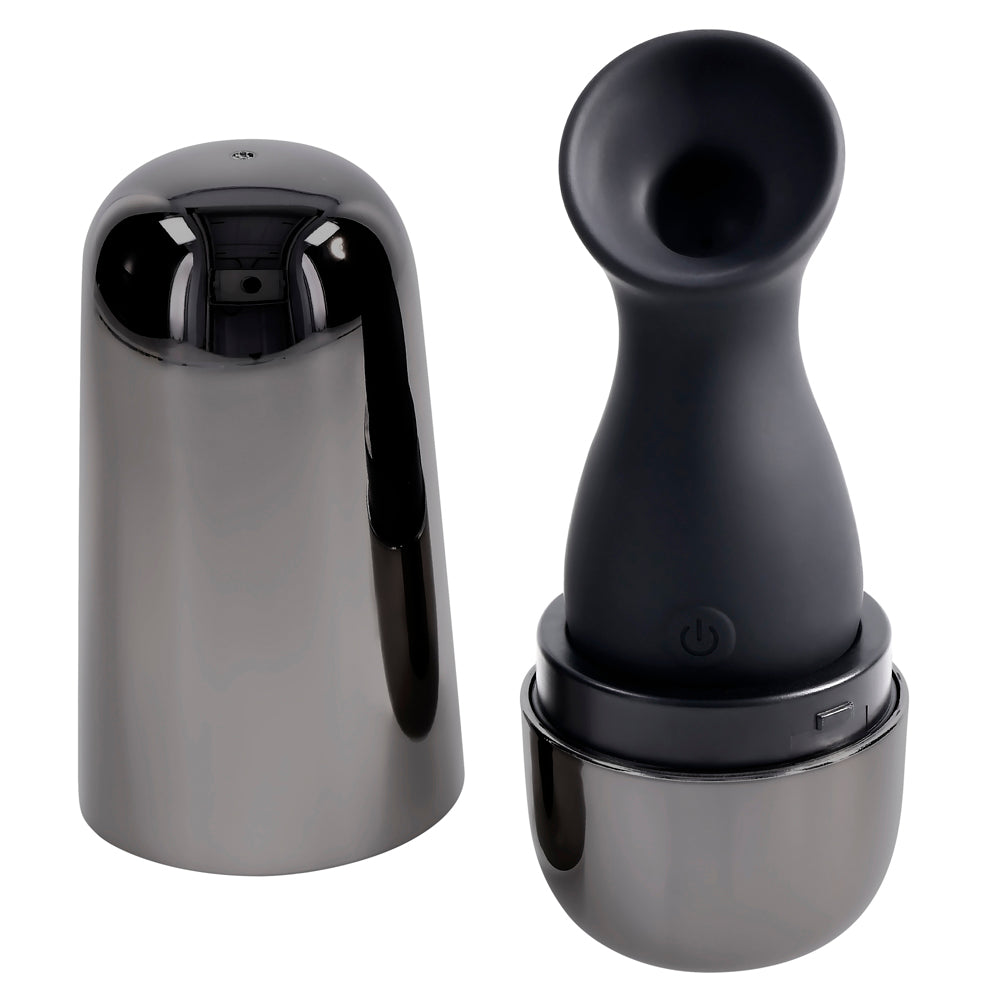 A black clitoral suction toy with a metallic charging case.