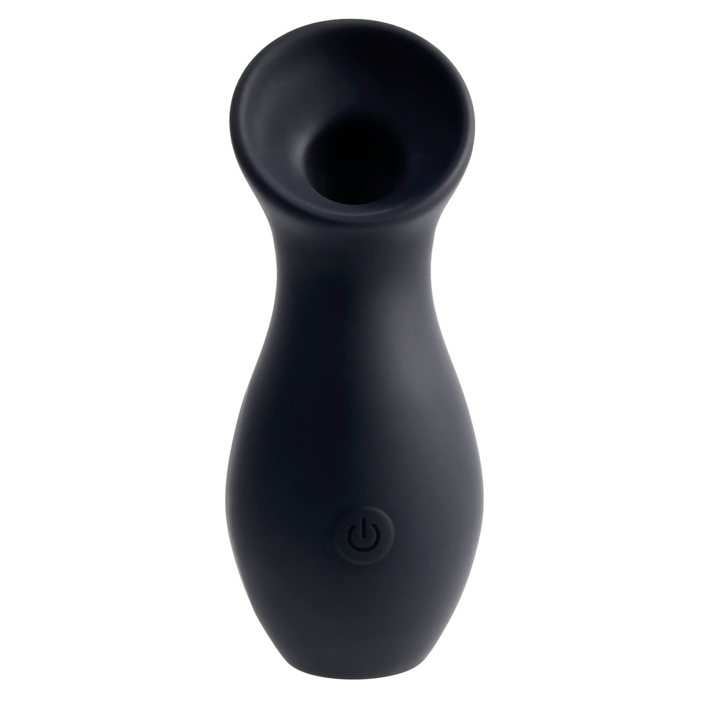 Black clitoral suction toy with a power button.