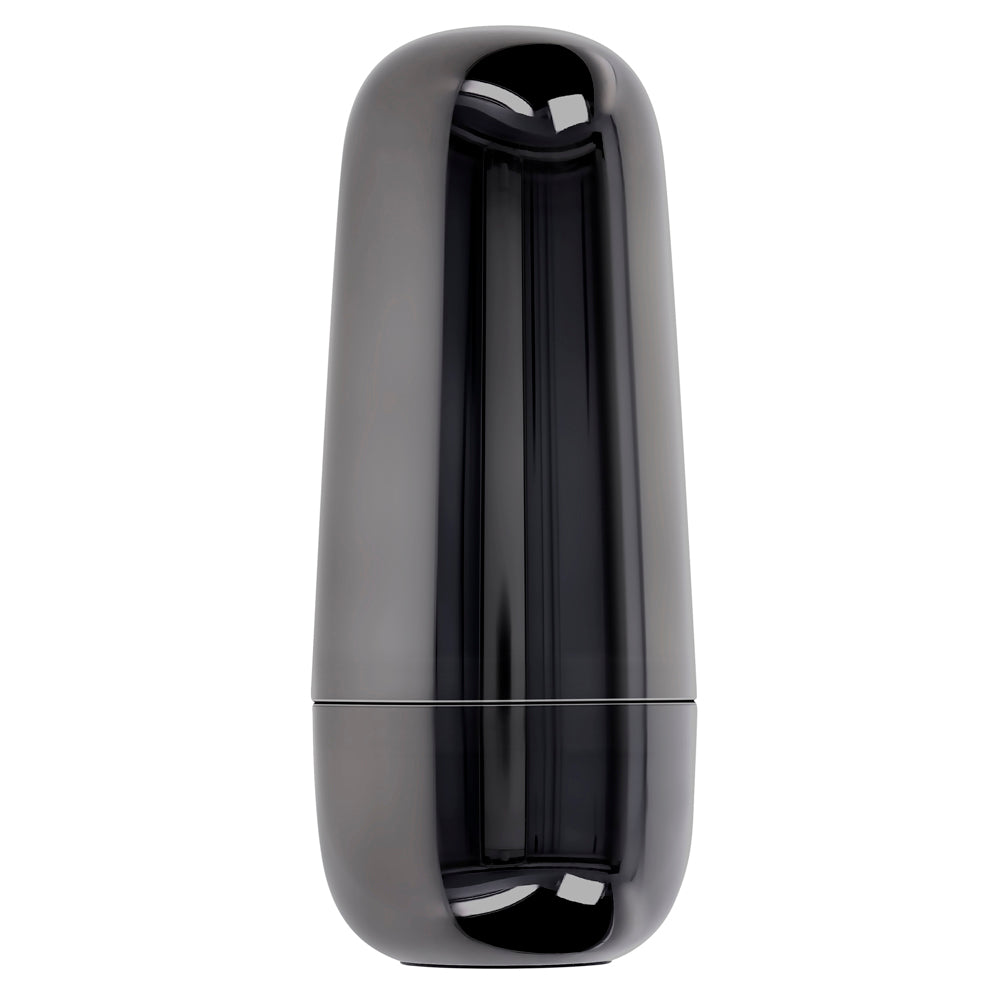 Black metallic clitoral suction toy with charging case.