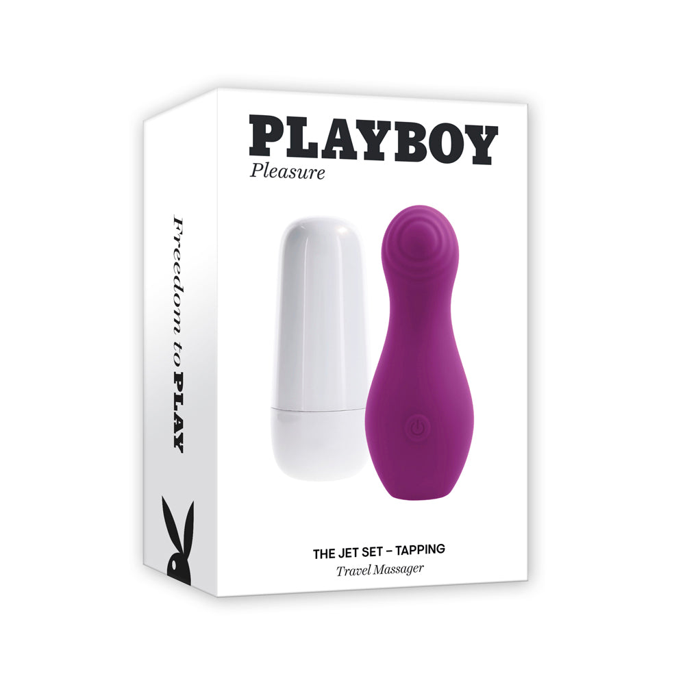 Playboy clitoral tapping toy in purple with a white charging case.
