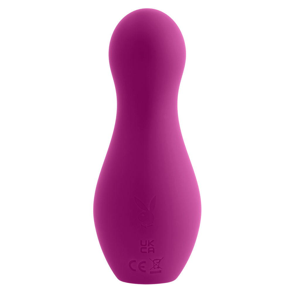 A purple silicone clitoral tapping toy with Playboy branding.