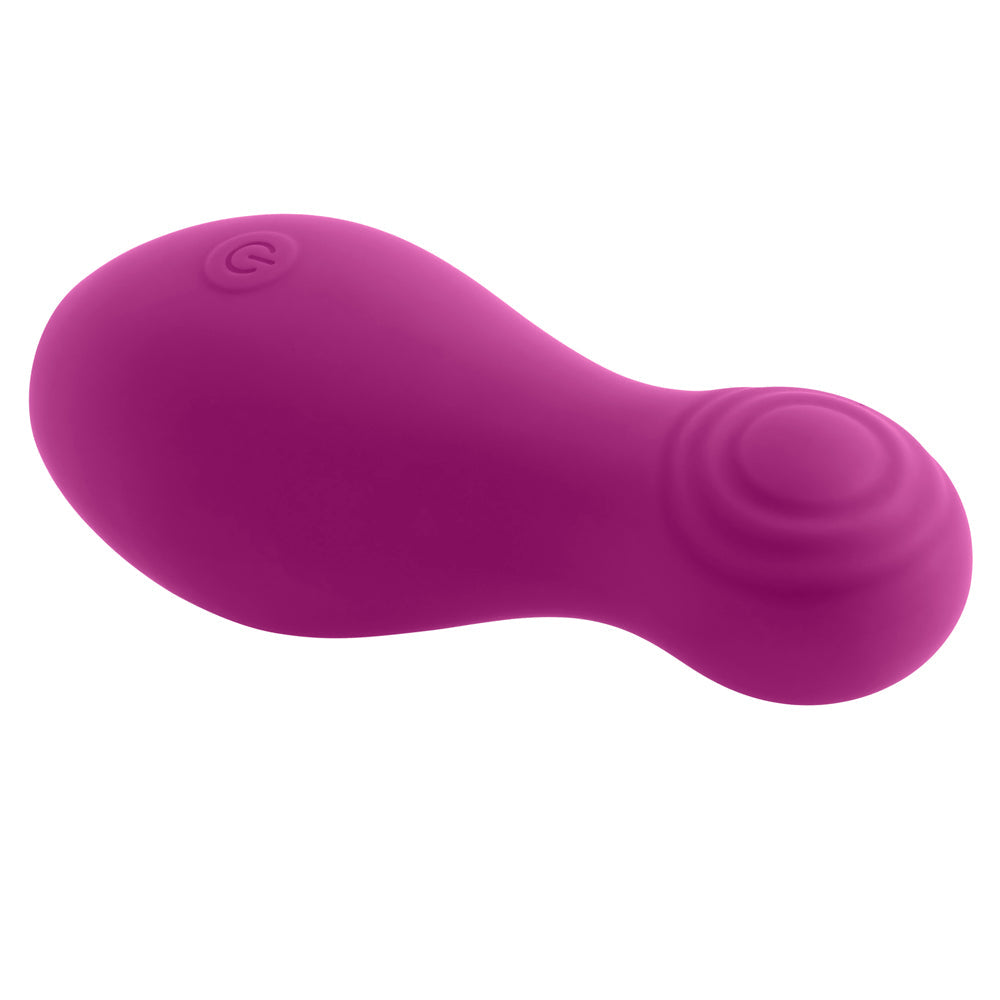 A purple silicone clitoral tapping toy with a power button.