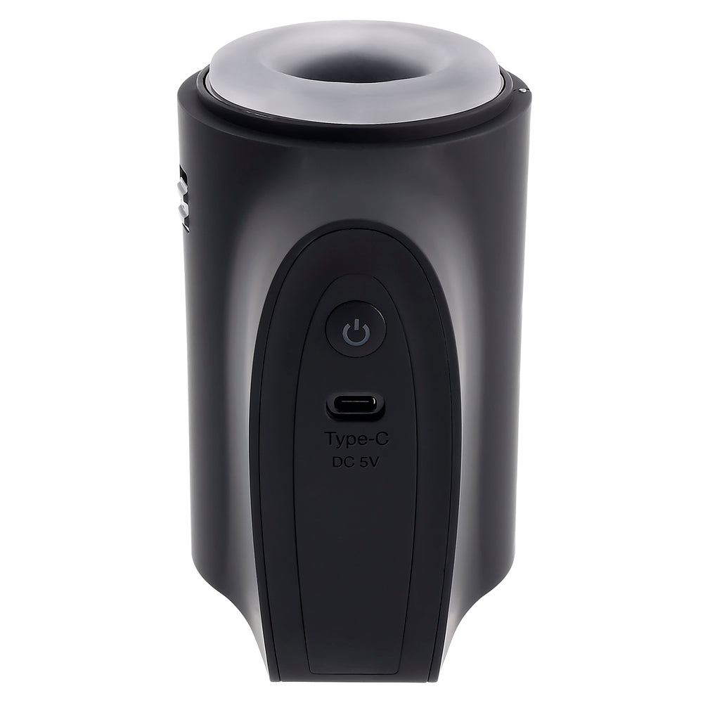 Black travel stroker with a power button and USB-C charging port.