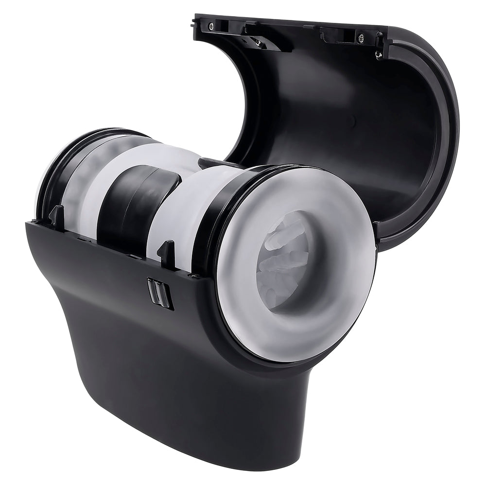 Black travel stroker with open lid, showing internal textured rings.
