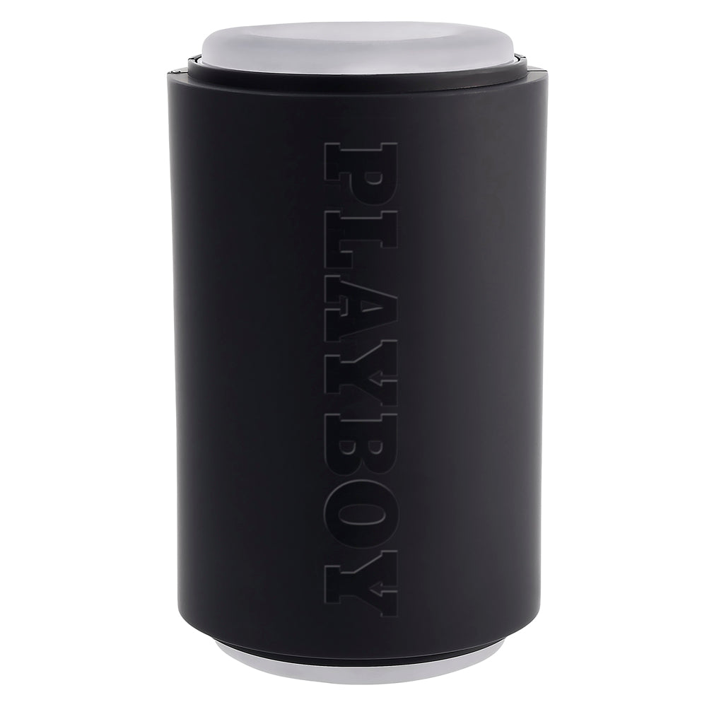 Black Playboy travel stroker with embossed logo and white top and bottom.