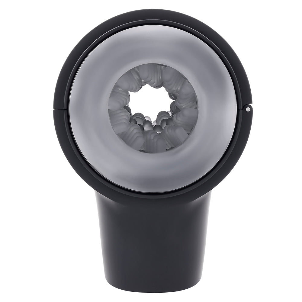 Black travel stroker with textured interior and grey rim.