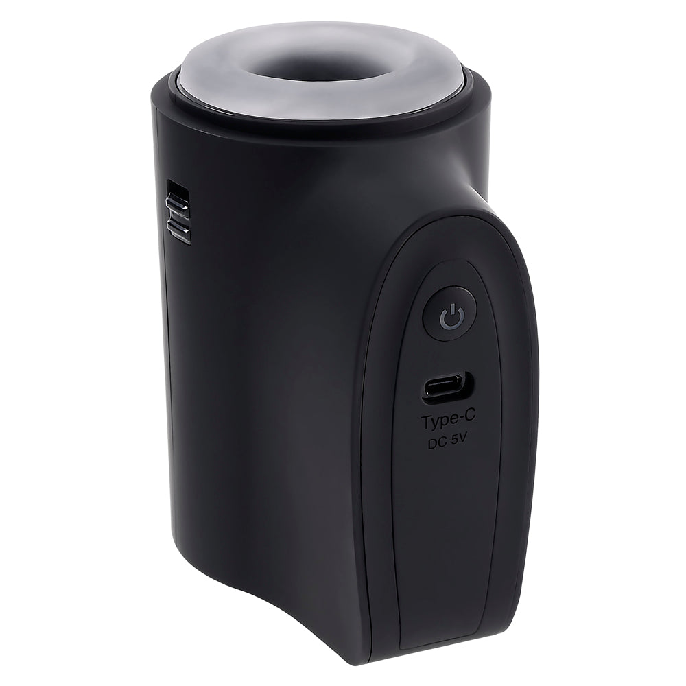 Black travel stroker with a silver rim, USB-C port, and power button.