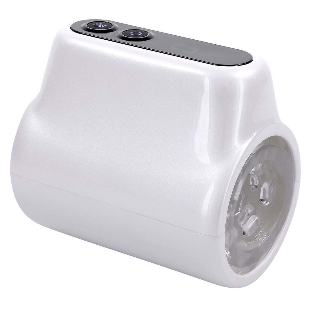 White rechargeable and waterproof male masturbator with buttons and a digital display.