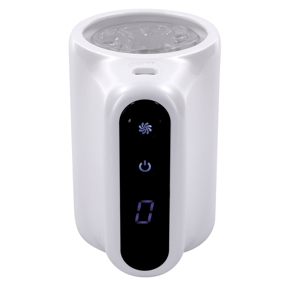 White spinning male masturbator with digital display and power button.