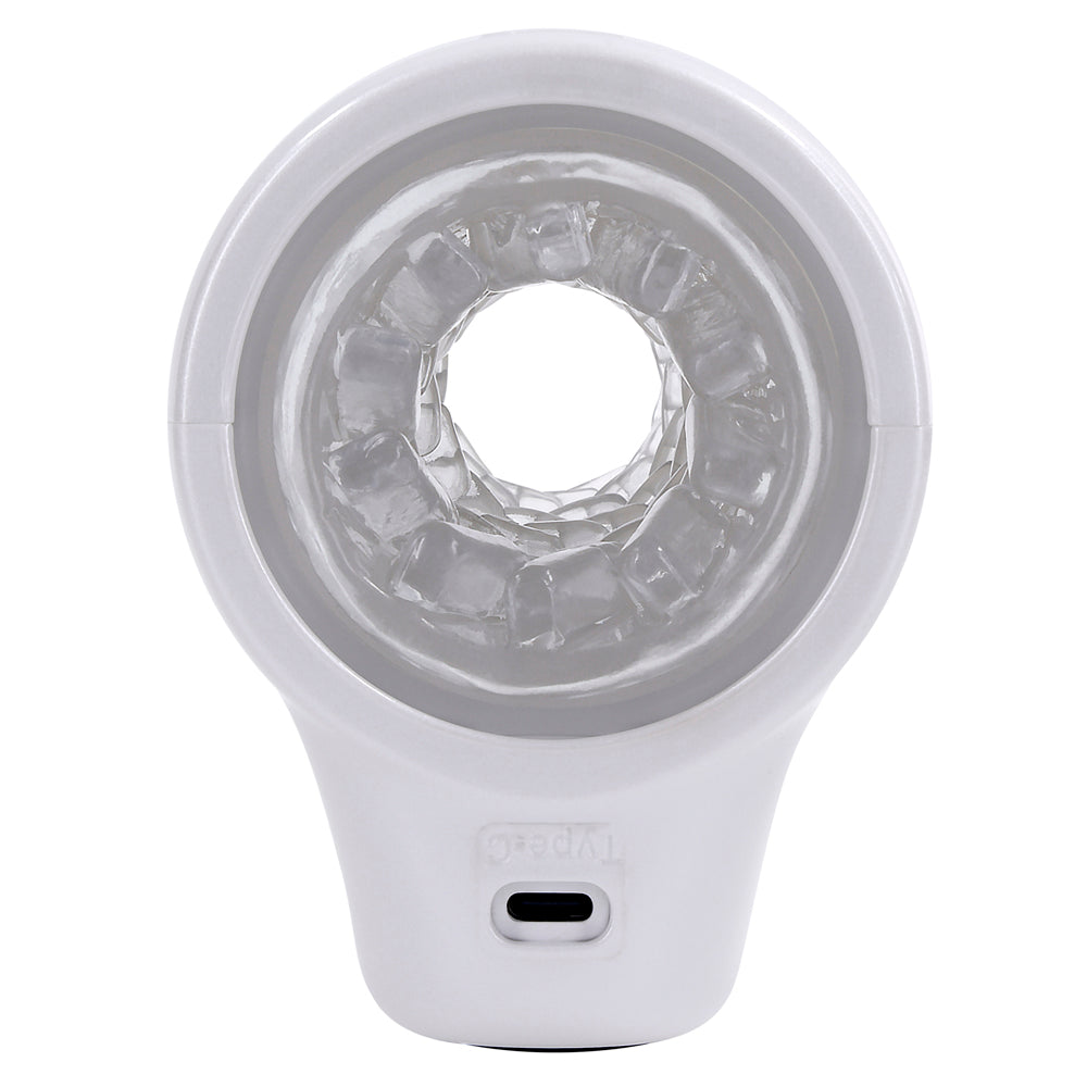 White rechargeable male masturbator with textured interior and USB-C port.