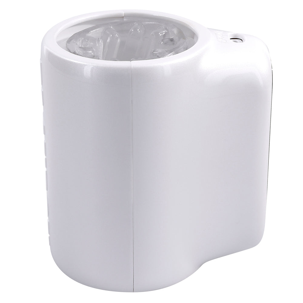 White rechargeable and waterproof male masturbator with textured interior.