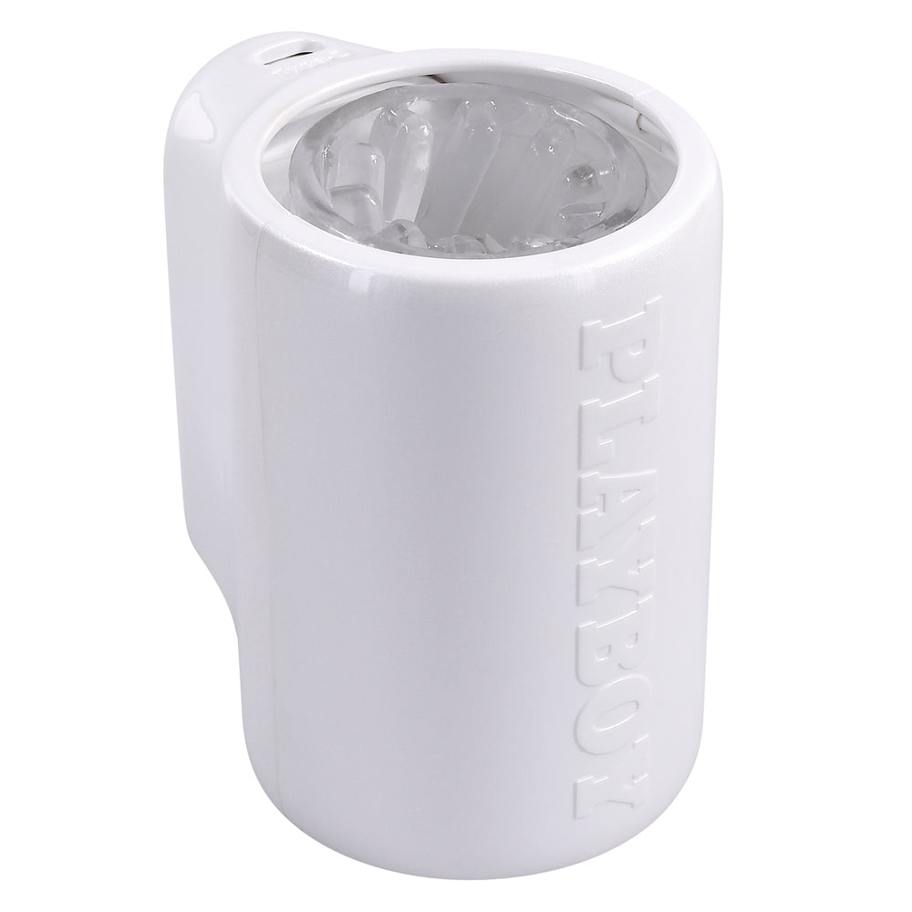 White Playboy spinning male masturbator with textured inner channel.