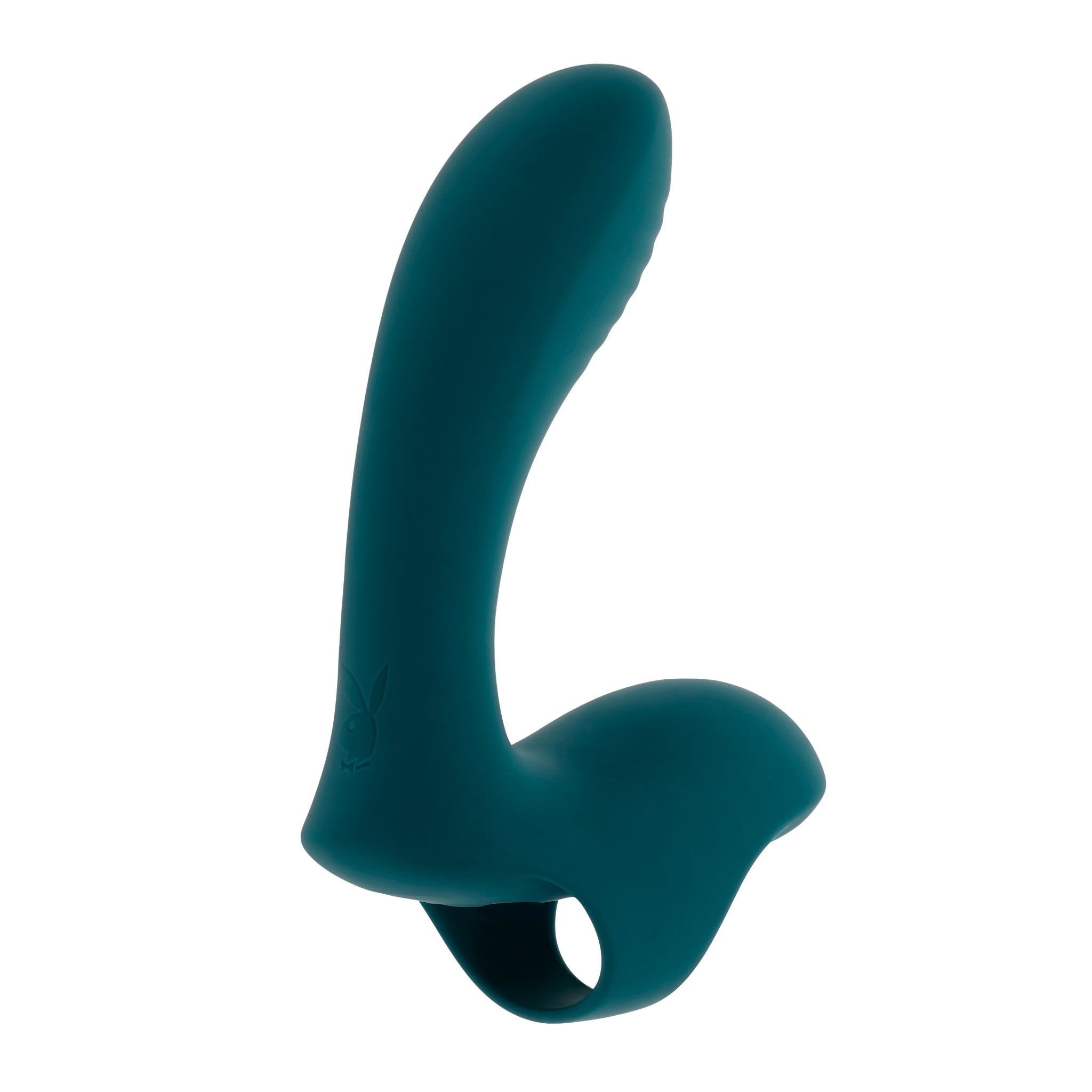 Teal Playboy vibrator with a finger ring and curved shaft.