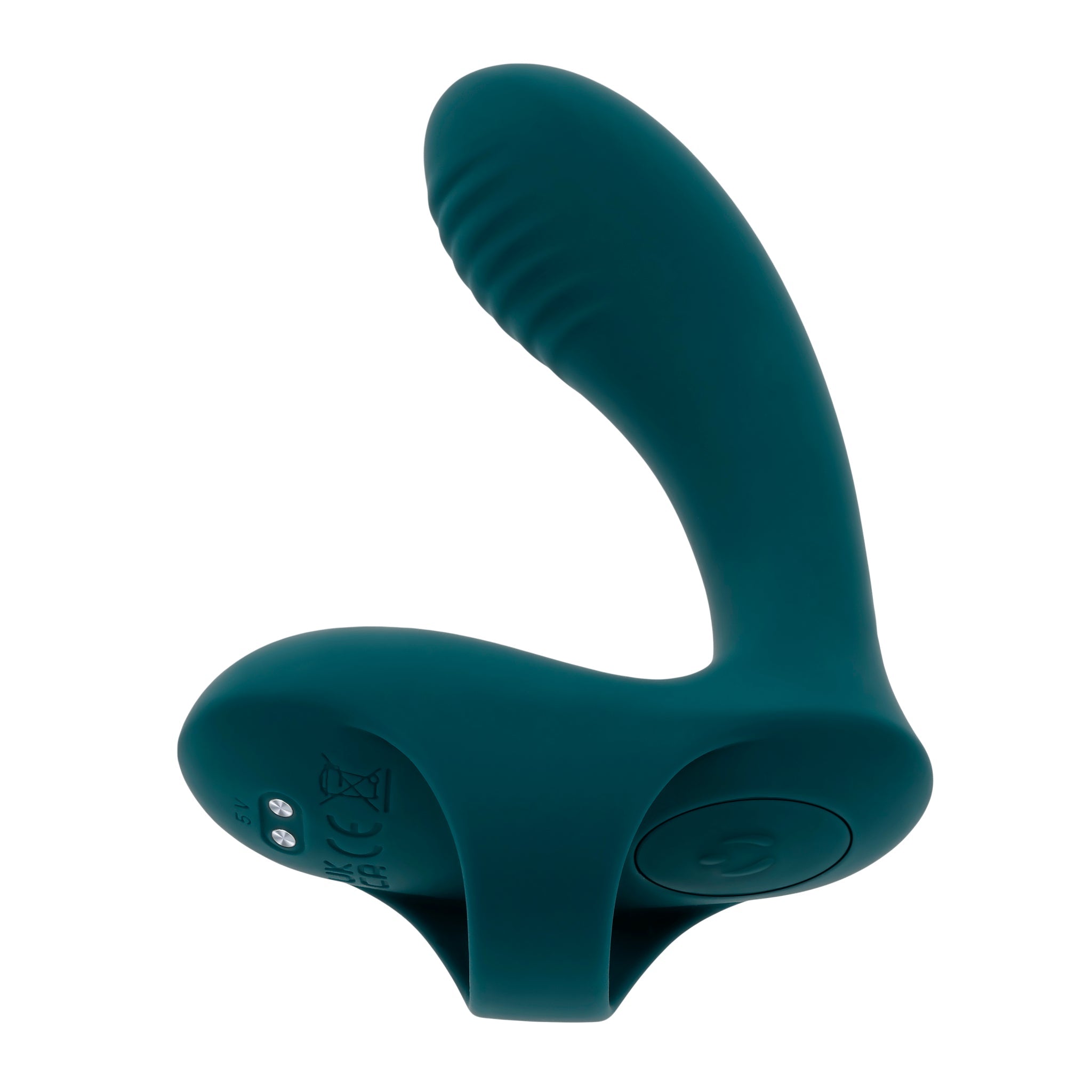 Teal silicone vibrator with a finger ring and textured tip.