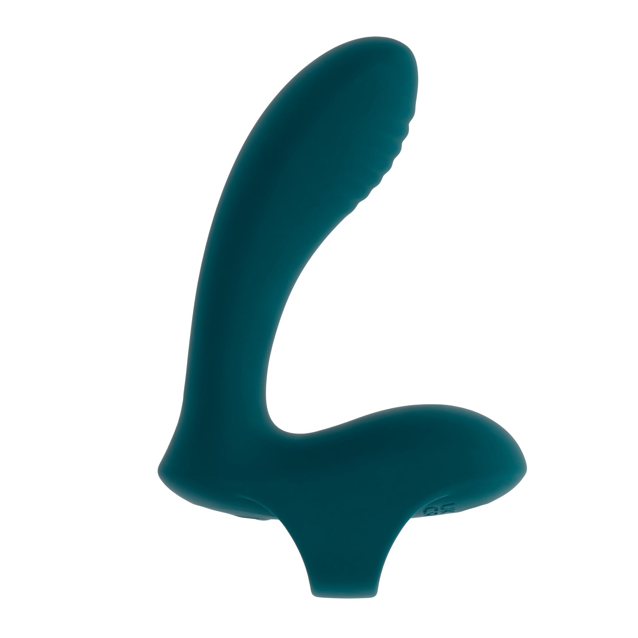 Teal silicone vibrator with a curved shaft and finger loop.