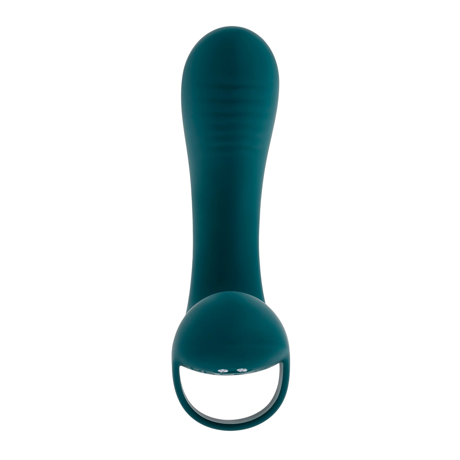 Teal silicone vibrator with a finger ring and textured shaft.