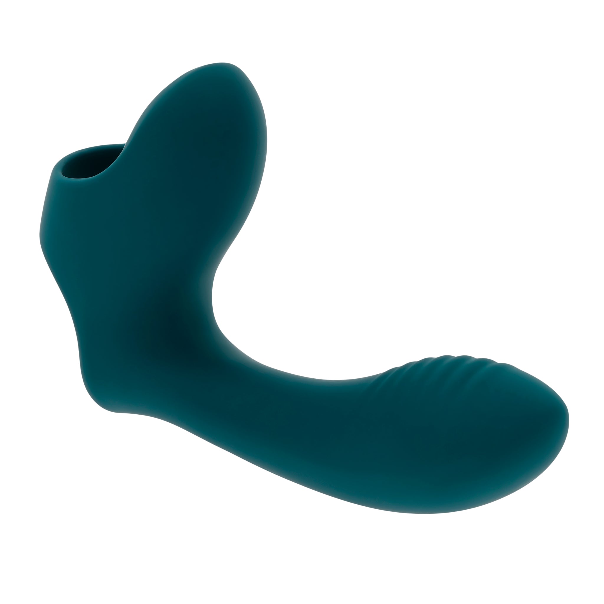 Teal silicone vibrator with a finger loop and textured tip.