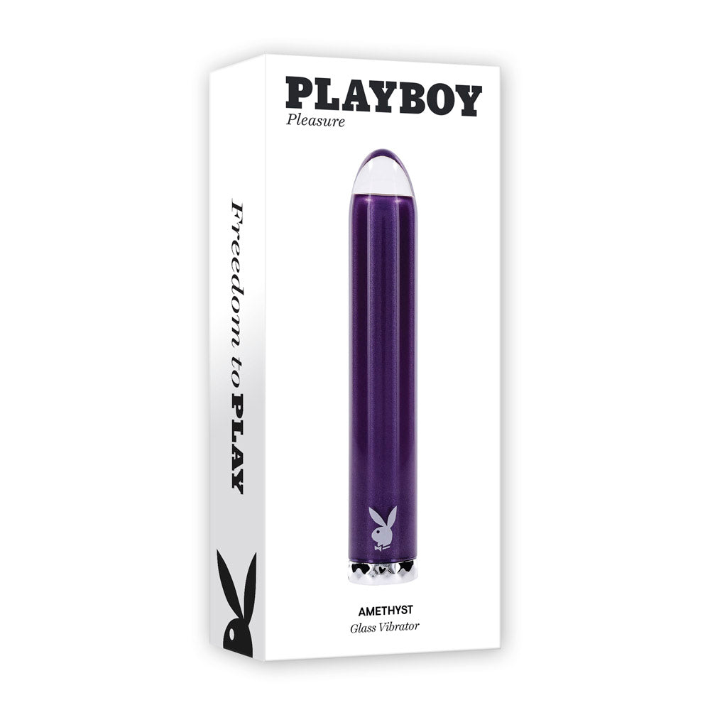 Playboy Amethyst Glass Vibrator with a purple glass shaft and Playboy bunny logo.