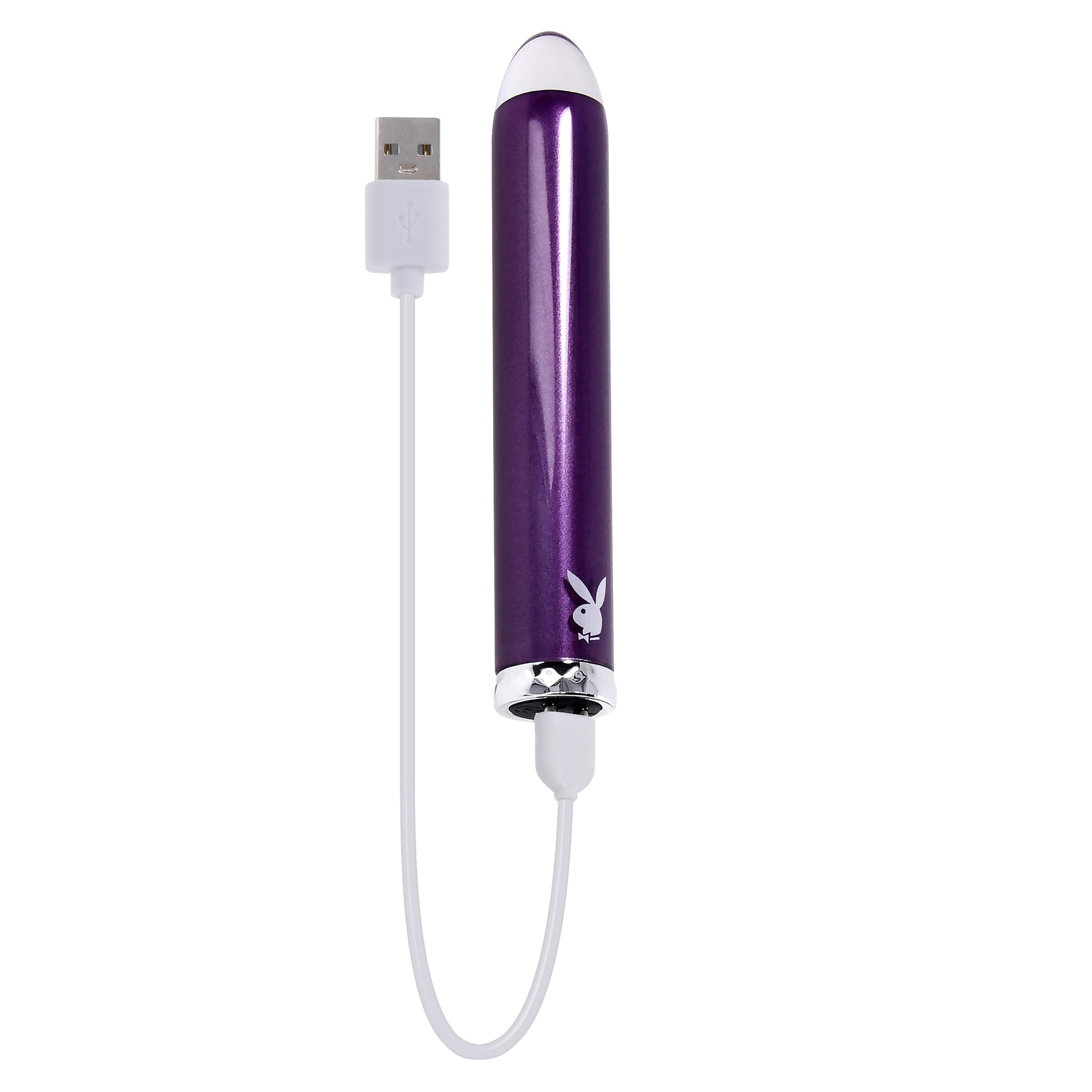Purple vibrator with Playboy logo and USB charging cable.