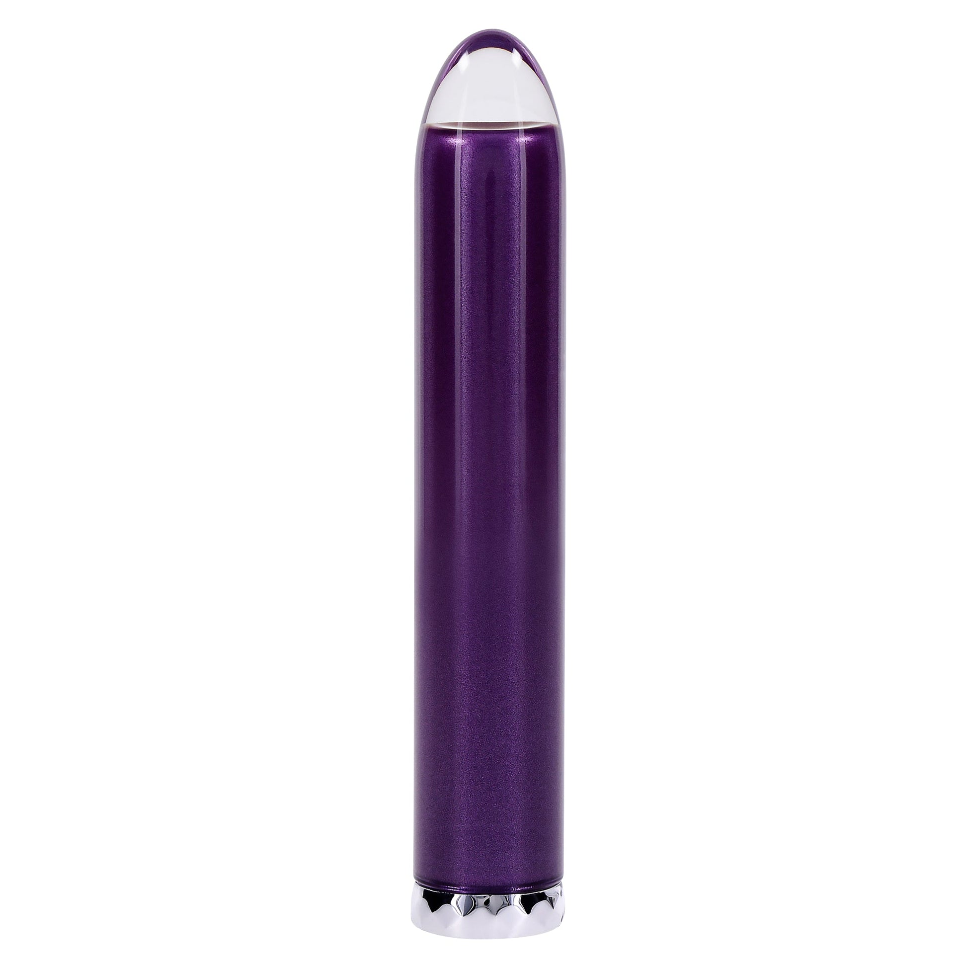 Purple glass vibrator with a clear tip and silver base.