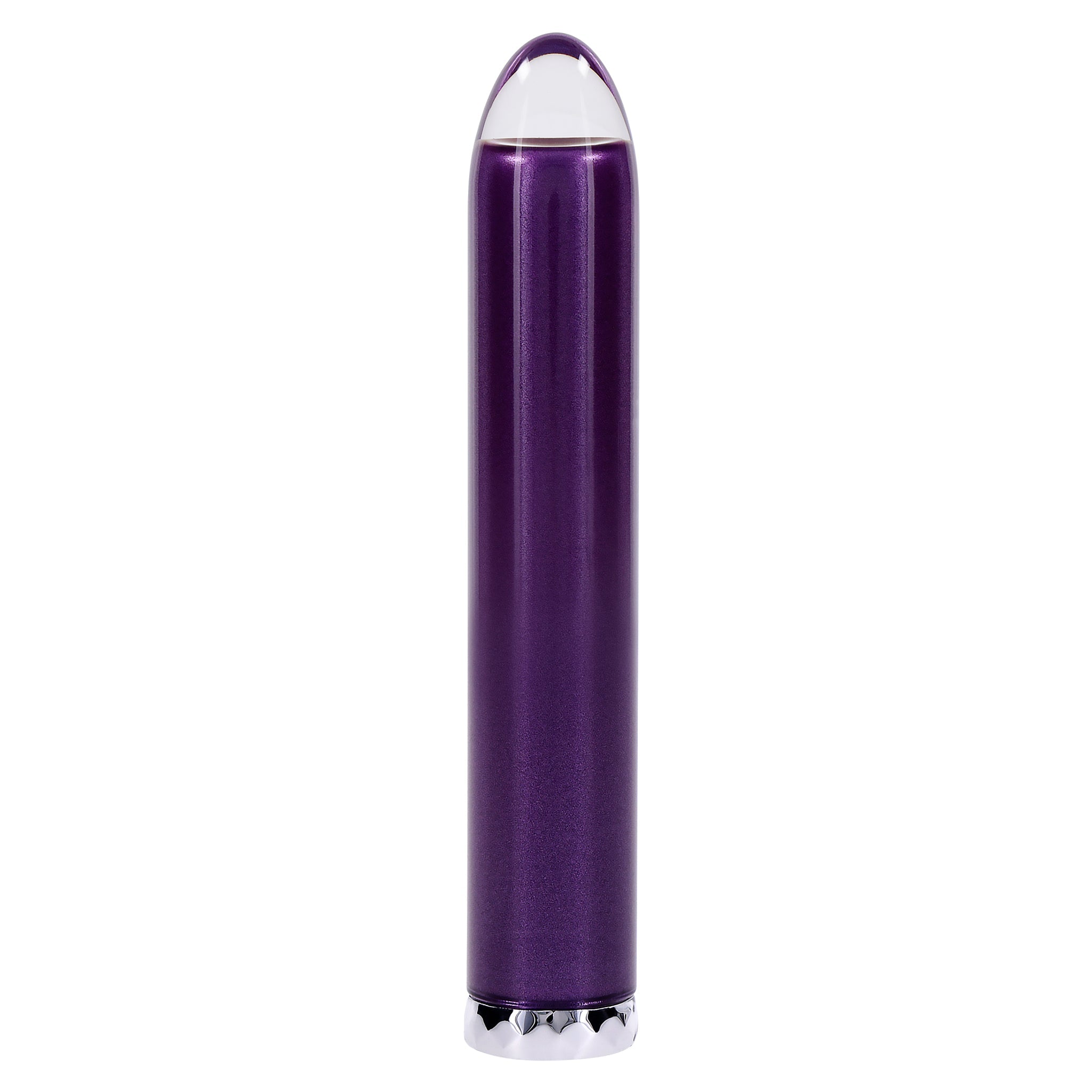 Purple glass vibrator with a clear tip and silver base.