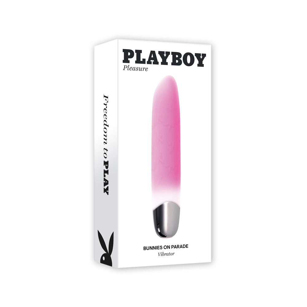 Playboy Bunnies on Parade bullet vibrator in pink and silver.