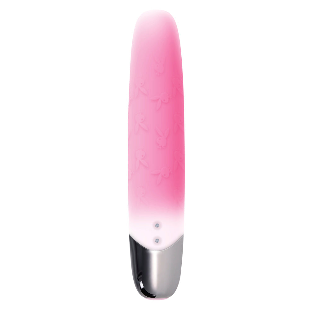 Pink silicone bullet vibrator with Playboy bunny pattern and silver base.