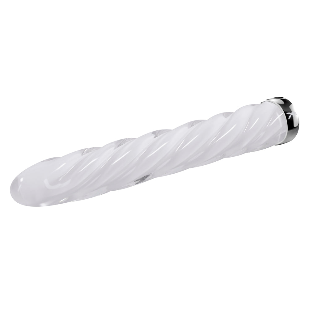 A clear glass vibrator with a spiral texture and a silver cap.