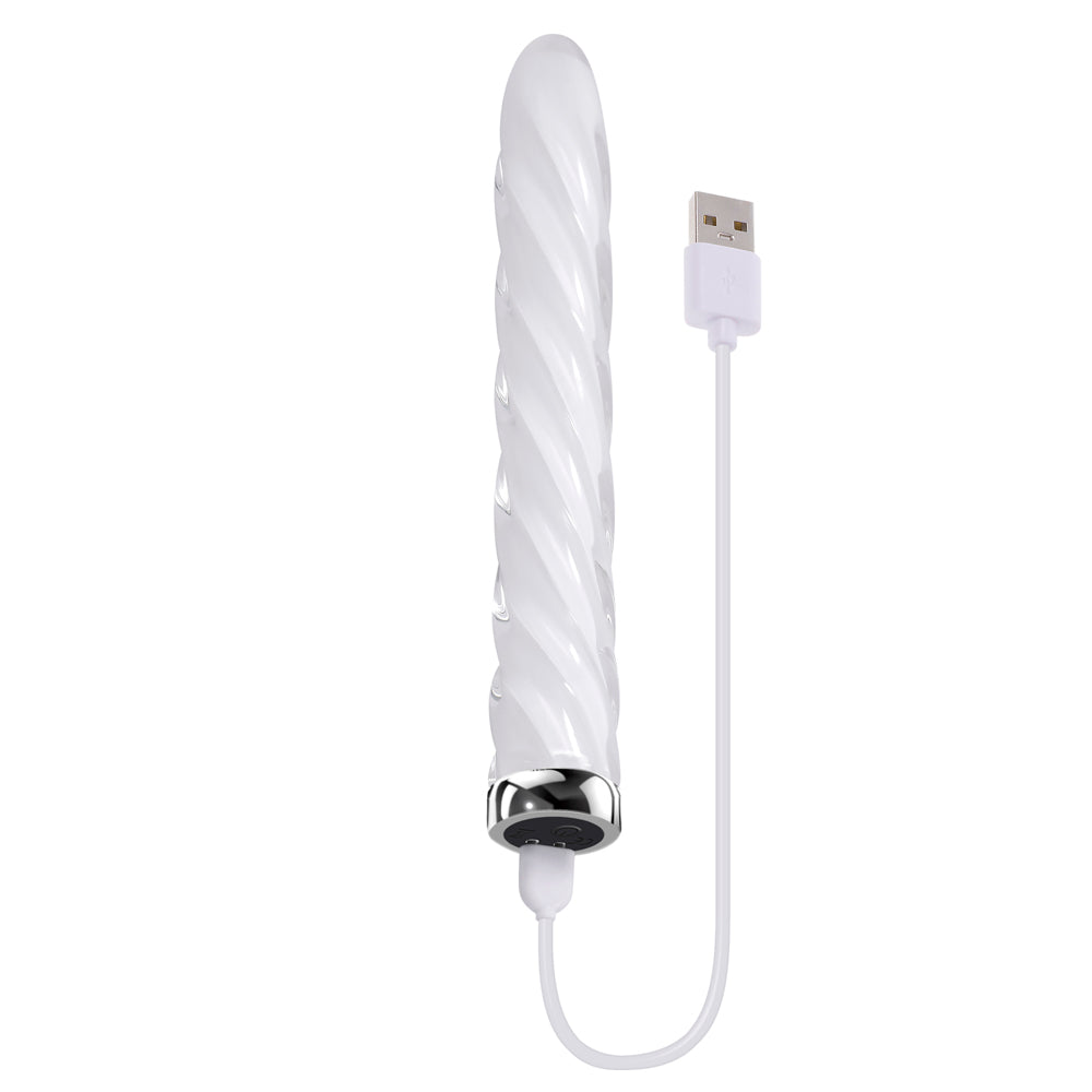 A clear, spiral-shaped glass vibrator with a USB charging cable.