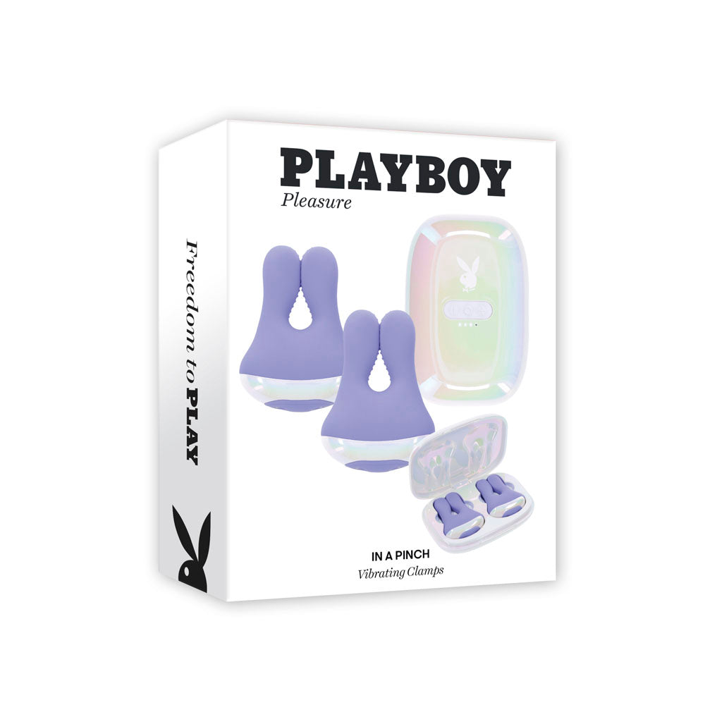 Playboy vibrating nipple clamps with remote charging case.