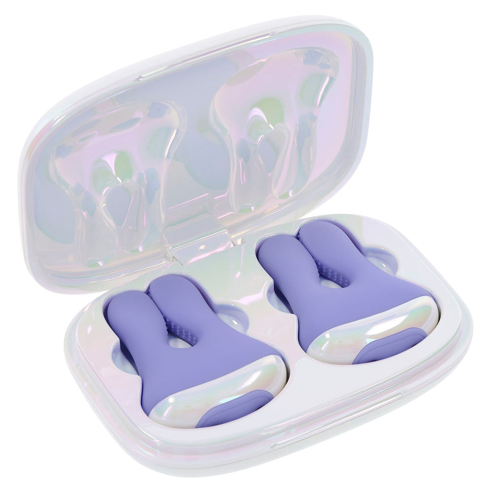 Purple bunny-shaped vibrating nipple clamps in a pearlescent charging case.