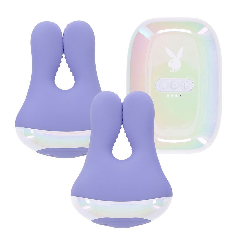 Playboy vibrating nipple clamps in purple with a pearlescent charging case.