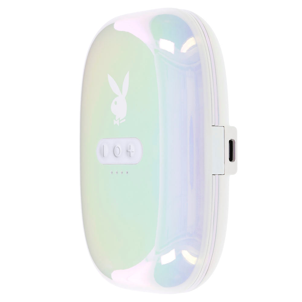 Playboy vibrating nipple clamps in a pearlescent charging case.