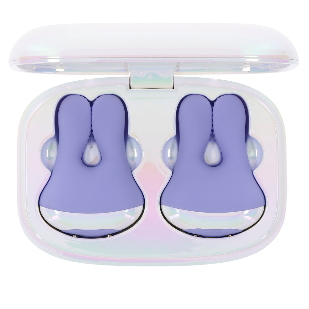 Purple bunny-shaped vibrating nipple clamps in a pearlescent charging case.
