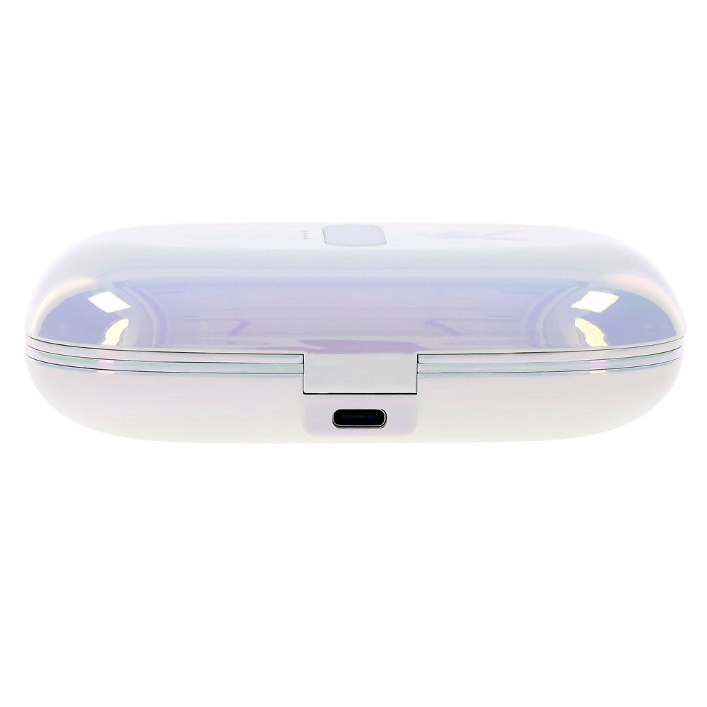 Iridescent charging case for vibrating nipple clamps with USB-C port.