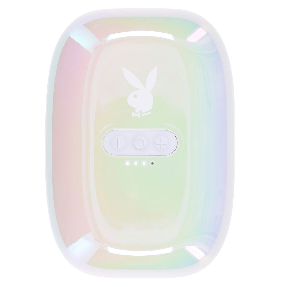 Playboy vibrating nipple clamps in a pearlescent finish with a remote charging case.