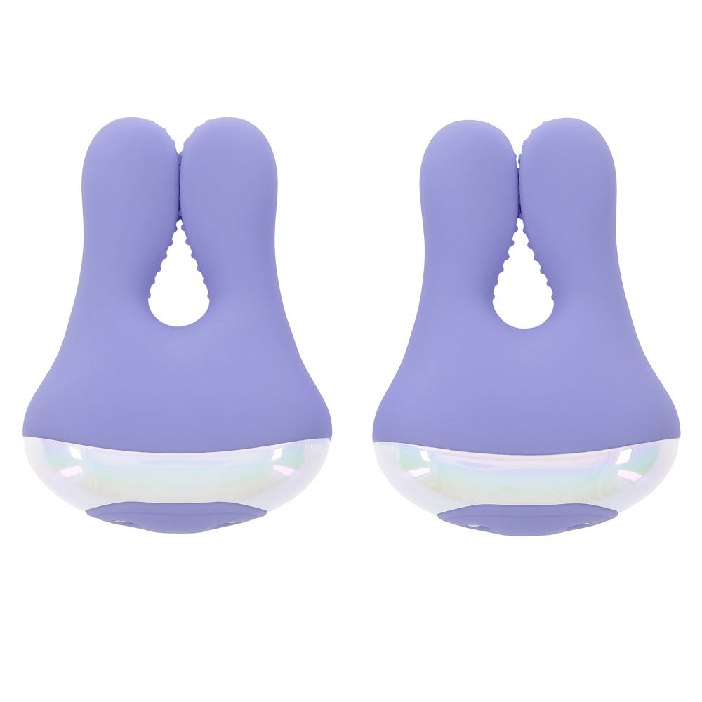 Two purple bunny-shaped vibrating nipple clamps with iridescent bases.