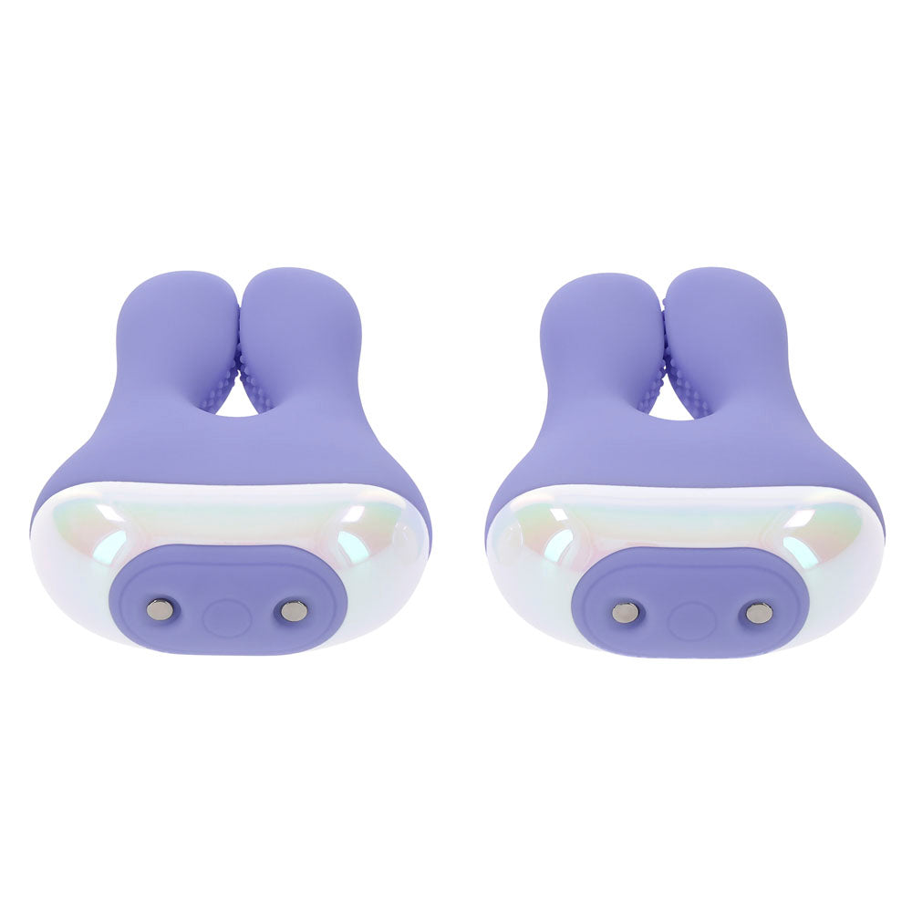 Two purple bunny-shaped vibrating nipple clamps with iridescent accents.