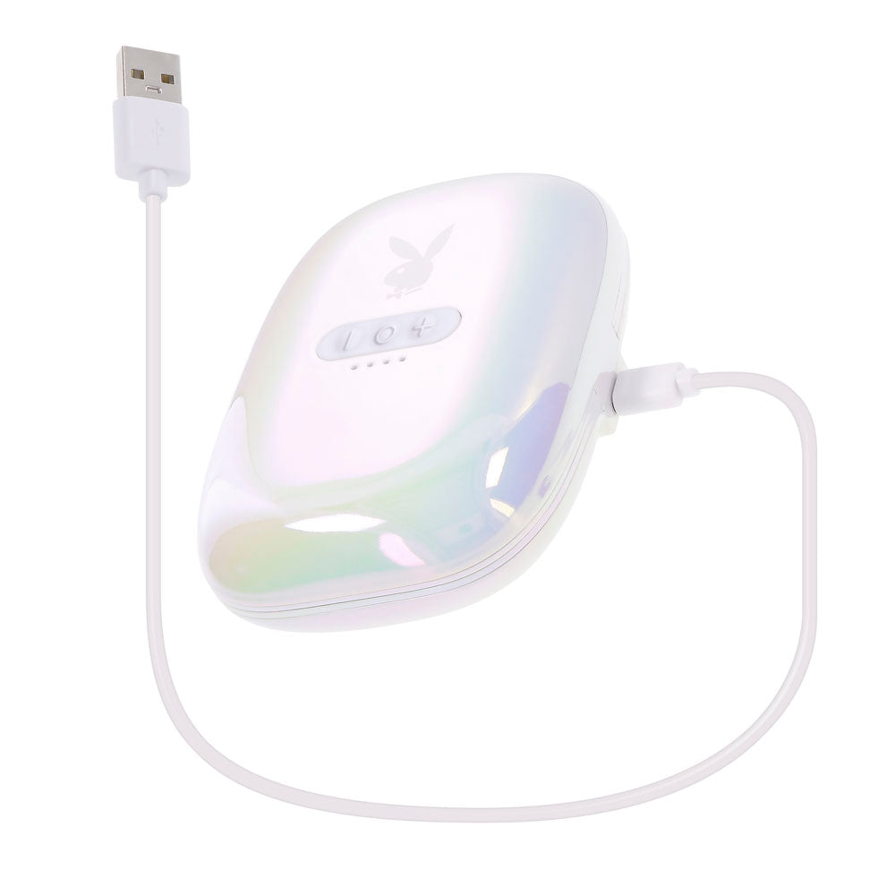 Playboy vibrating nipple clamps with a charging case and USB cord.