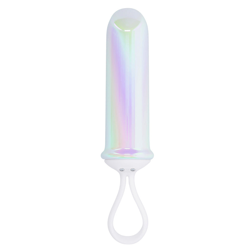 A pearlescent bullet vibrator with a white finger loop.