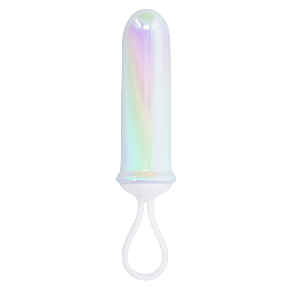 A pearlescent bullet vibrator with a white finger loop.