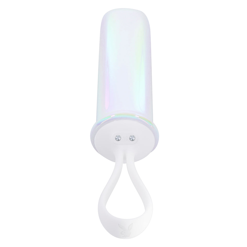 Playboy iridescent silicone bullet vibrator with finger loop.