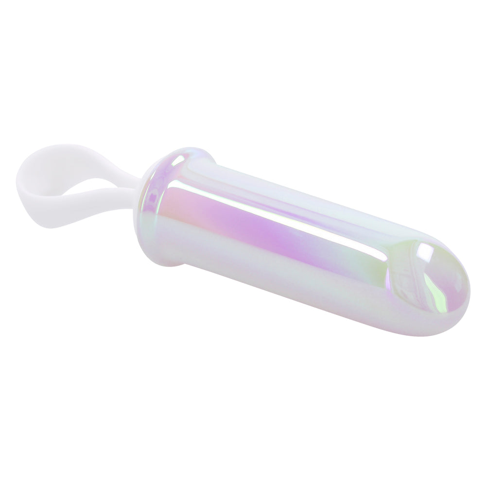 A pearlescent silicone bullet vibrator with a finger loop.