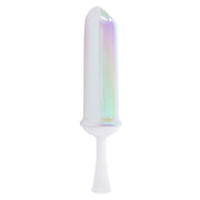 A white vibrator with an iridescent, rounded tip and a tapered base.