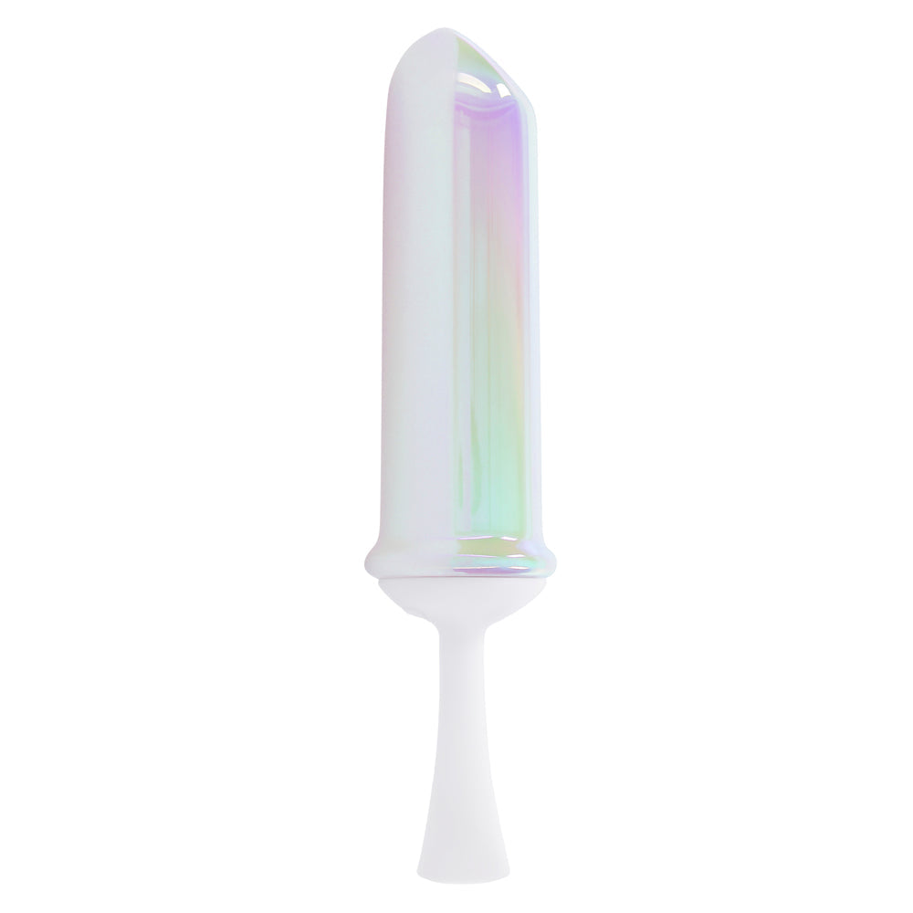 A white vibrator with an iridescent, rounded tip and a tapered base.