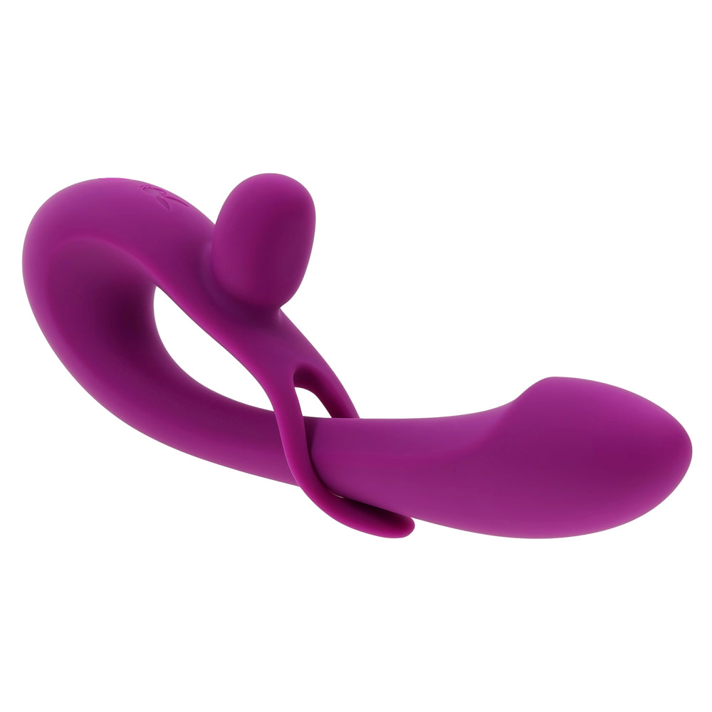 A purple dual silicone vibrator with an adjustable shaft.