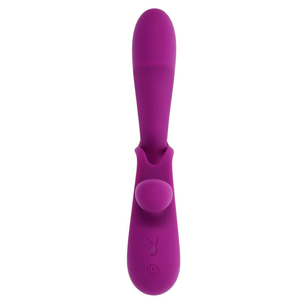 Purple dual silicone vibrator with Playboy logo and power button.